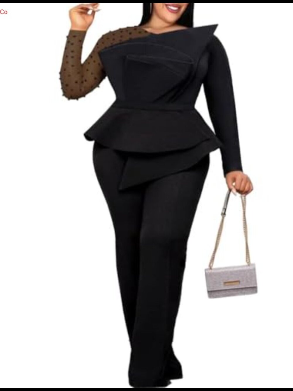 Women's Mesh Patchwork Peplum High Waist Long Sleeve Jumpsuit